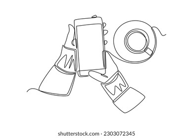 Continuous one line drawing Happy people showing mobile phone screens. Holding smartphone. Smartphone concept. Single line draw design vector graphic illustration.