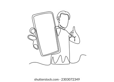 Continuous one line drawing Happy people showing mobile phone screens. Holding smartphone. Smartphone concept. Single line draw design vector graphic illustration.