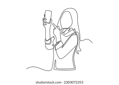 Continuous one line drawing Happy people showing mobile phone screens. Holding smartphone. Smartphone concept. Single line draw design vector graphic illustration.