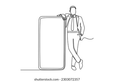 Continuous one line drawing Happy people showing mobile phone screens. Holding smartphone. Smartphone concept. Single line draw design vector graphic illustration.