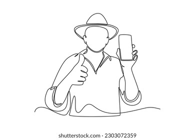 Continuous one line drawing Happy people showing mobile phone screens. Holding smartphone. Smartphone concept. Single line draw design vector graphic illustration.