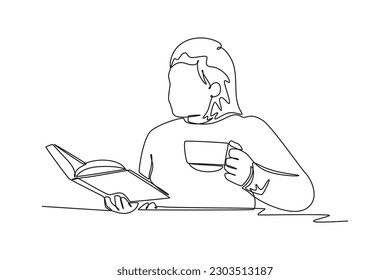 Continuous one line drawing happy student girl reading book at leisure time. Book lovers concept. Single line draw design vector graphic illustration.