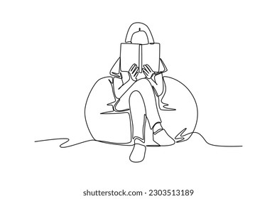 Continuous one line drawing happy student girl reading book at leisure time. Book lovers concept. Single line draw design vector graphic illustration.