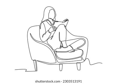 Continuous one line drawing happy student girl reading book at leisure time. Book lovers concept. Single line draw design vector graphic illustration.