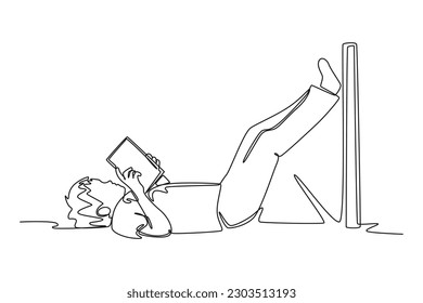 Continuous one line drawing happy student girl reading book at leisure time. Book lovers concept. Single line draw design vector graphic illustration.