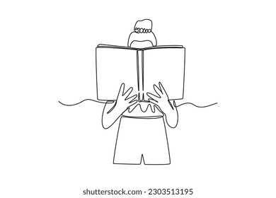 Continuous one line drawing happy student girl reading book at leisure time. Book lovers concept. Single line draw design vector graphic illustration.