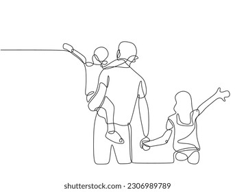 Continuous one line drawing. Happy family with father holding his boy and girl children. Parents father day Vector illustration isolated on white background.