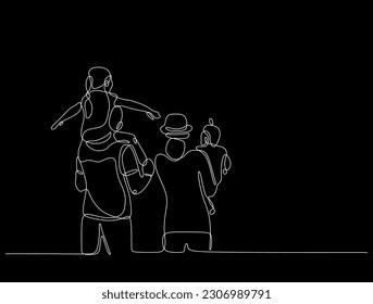 Continuous one line drawing. Happy family with father, mother and children. Parents day Vector illustration isolated on black background.