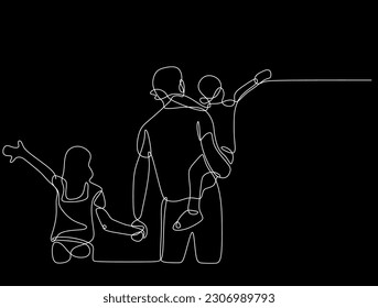 Continuous one line drawing. Happy family with father holding his boy and girl children. Parents father day Vector illustration isolated on black background.