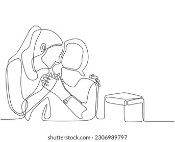 Continuous one line drawing. Happy mom enjoying in daughter's affection on Mother's day. Vector illustration isolated on white background.