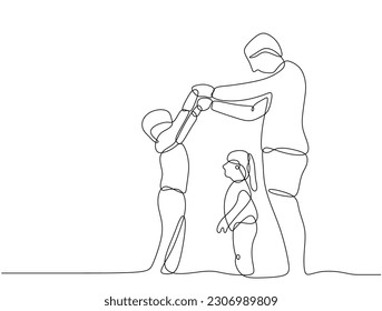 Continuous one line drawing. Happy family with father and his boy and girl children. Parents father day Vector illustration isolated on white background.