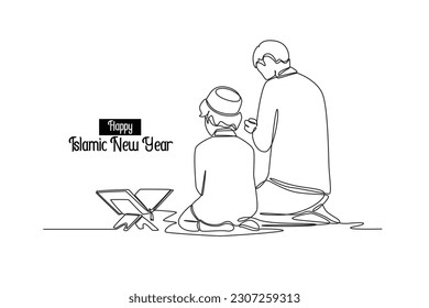 Continuo trazado de una línea Feliz Año Nuevo Islámico. Ilustración gráfica vectorial de diseño de líneas simples.