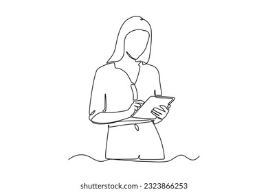 Continuous one line drawing happy young using tablet. Single line draw design vector graphic illustration.