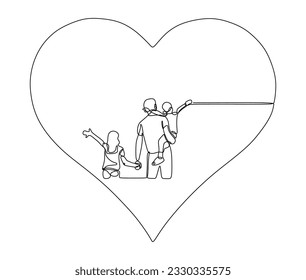 Continuous one line drawing Happy family with father holding his boy and girl children with love symbol. Parents father day Vector illustration isolated on white background.