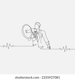 Continuous one line drawing happy boy shouting in loud speaker and smartphone. Business activity concept in market. Single line draw design vector graphic illustration