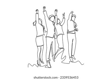 Continuous one line drawing of happy people group, welcoming and applauding concept. Doodle vector illustration in simple linear style. 