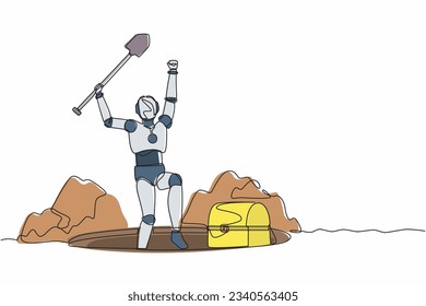 Continuous one line drawing happy robot lifting shovel and finding chest treasure. Humanoid robot cybernetic organism. Future robotics development. Single line draw design vector graphic illustration