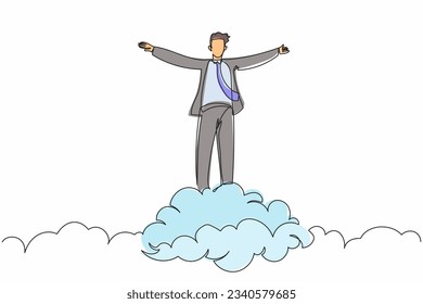 Continuo dibujo de una línea feliz hombre de negocios sobre la nube con mano levantada. Gestor de trabajo de negocios con éxito. Libertad financiera, felicidad, paz. Ilustración vectorial de diseño de líneas simples