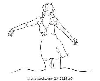 Continuous one line drawing of happy woman illustration. Vector illustration.