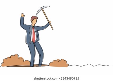 Una línea continua dibujando a un feliz hombre de negocios en aletas mientras levanta un pickaxe con las manos. Gerente masculino de minería de diamantes o piedras preciosas. ilustración vectorial de diseño de línea única