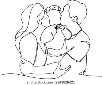 Continuous one line drawing. Happy family father and mother with children