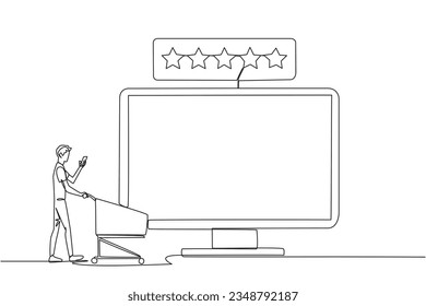 Un hombre feliz que sigue dibujando una línea caminando cargando un tranvía mientras tecleaba en un smartphone hacia una gran pantalla de monitor. Compras en línea. Tarifa de 5 estrellas. Ilustración vectorial de diseño de líneas simples