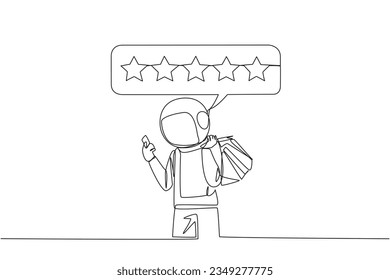 Continuous one line drawing happy astronaut holding several shopping bags. The other hand typing on the smartphone gives a 5 star review. Online shopping. Single line draw design vector illustration
