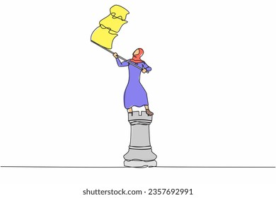 Continuous one line drawing happy Arab businesswoman standing on top of big rook chess piece and waving a flag. Successful leadership. Winning competition. Single line draw design vector illustration