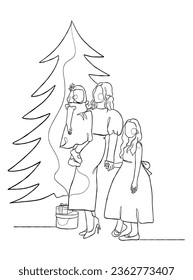 Continuous one line drawing of happy family on Christmas Day. Vector illustration.