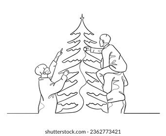 Continuous one line drawing of happy family on Christmas Day. Vector illustration.