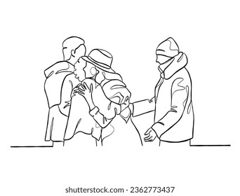 Continuous one line drawing of happy family on Christmas Day. Vector illustration.