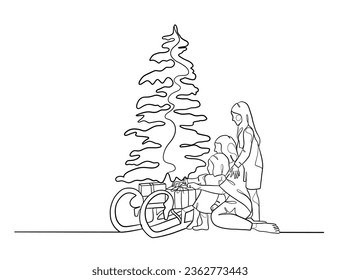 Continuous one line drawing of happy family on Christmas Day. Vector illustration.