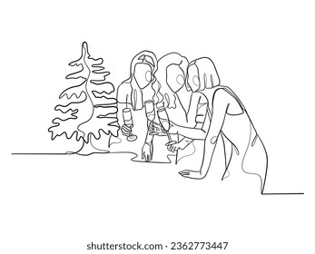 Continuous one line drawing of happy family on Christmas Day. Vector illustration.