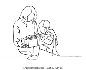 Continuous one line drawing of happy family on Christmas Day. Vector illustration.