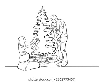 Continuous one line drawing of happy family on Christmas Day. Vector illustration.