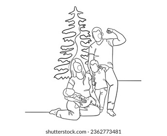 Continuous one line drawing of happy family on Christmas Day. Vector illustration.