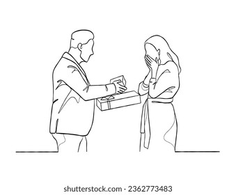 Continuous one line drawing of happy family on Christmas Day. Vector illustration.