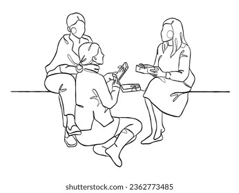 Continuo dibujo de una línea de la familia feliz el día de Navidad. Ilustración vectorial.