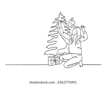 Continuous one line drawing of happy family on Christmas Day. Vector illustration.