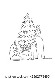 Continuous one line drawing of happy family on Christmas Day. Vector illustration.
