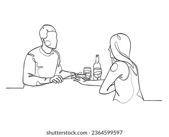 Kontinuierliche Zeichnung eines glücklichen Ehepaares, das eine Gläser Wein jubelt. Vektorgrafik.