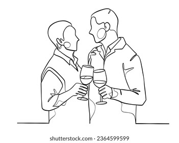 Continuo dibujo de una línea de feliz pareja animando vasos de vino. Ilustración vectorial.