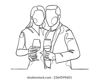 Continuo dibujo de una línea de feliz pareja animando vasos de vino. Ilustración vectorial.