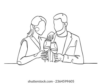 Continuous one line drawing of happy couple cheering glasses of wine. Vector illustration.
