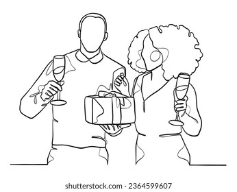 Continuo dibujo de una línea de feliz pareja animando vasos de vino. Ilustración vectorial.