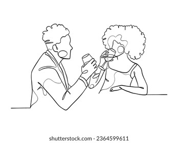 Continuous one line drawing of happy couple cheering glasses of wine. Vector illustration.