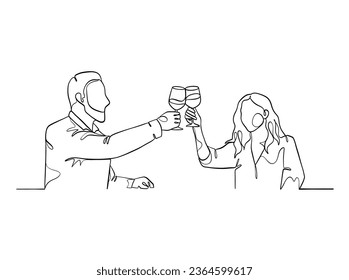 Continuous one line drawing of happy couple cheering glasses of wine. Vector illustration.