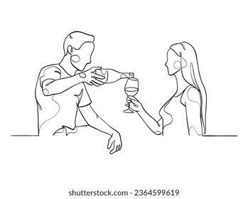 Continuous one line drawing of happy couple cheering glasses of wine. Vector illustration.