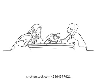 Continuous one line drawing of happy couple cheering glasses of wine. Vector illustration.
