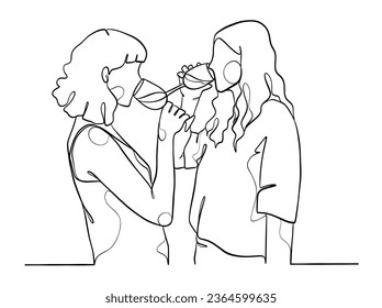 Continuous one line drawing of happy couple cheering glasses of wine. Vector illustration.